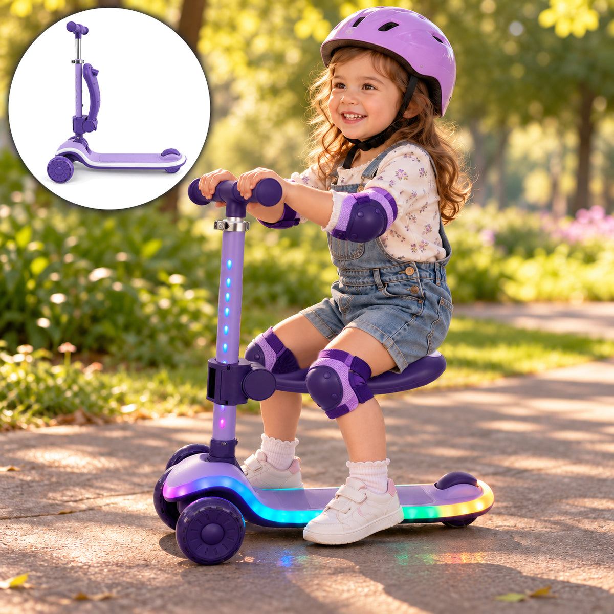 Patinete Infantil 2 en 1, con Asiento Abatible y Luces, LILY