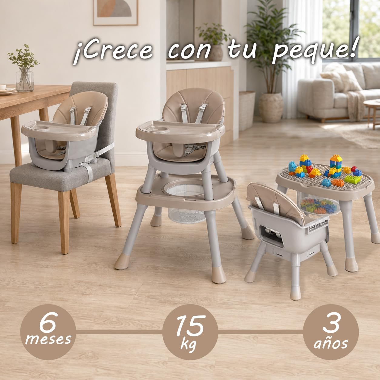 Trona Evolutiva Bebé 4 en 1 Ani, Convertible en silla y mesa infantil Beige