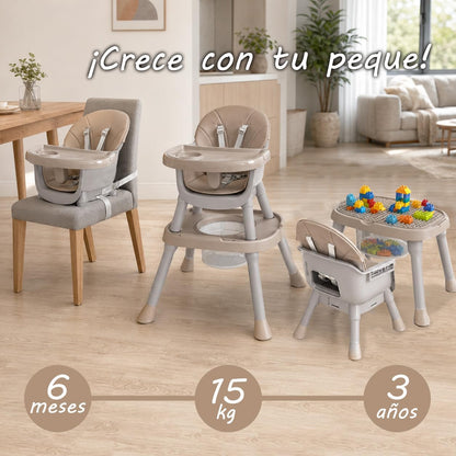 Trona Evolutiva Bebé 4 en 1 Ani, Convertible en silla y mesa infantil Beige