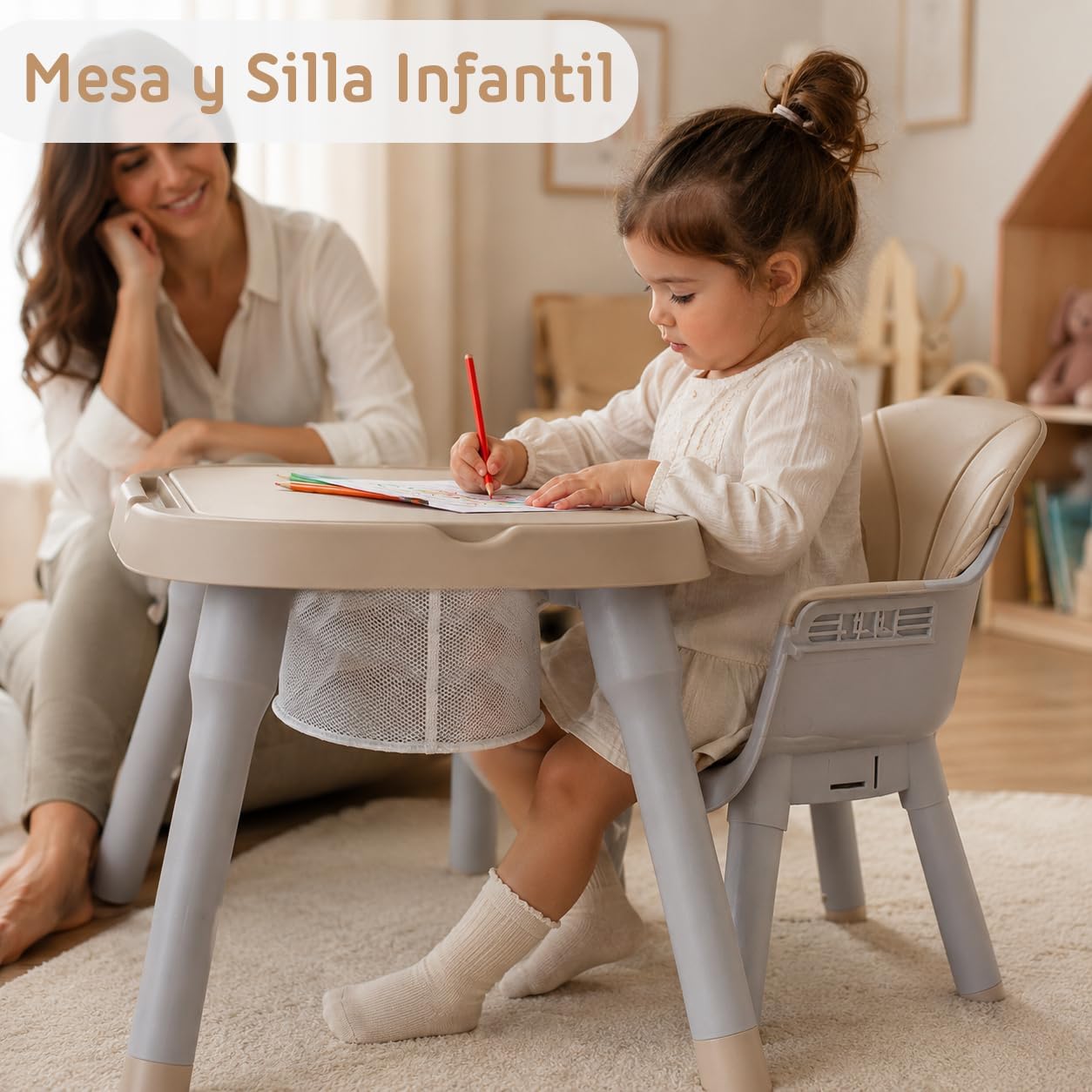 Trona Evolutiva Bebé 4 en 1 Ani, Convertible en silla y mesa infantil Beige