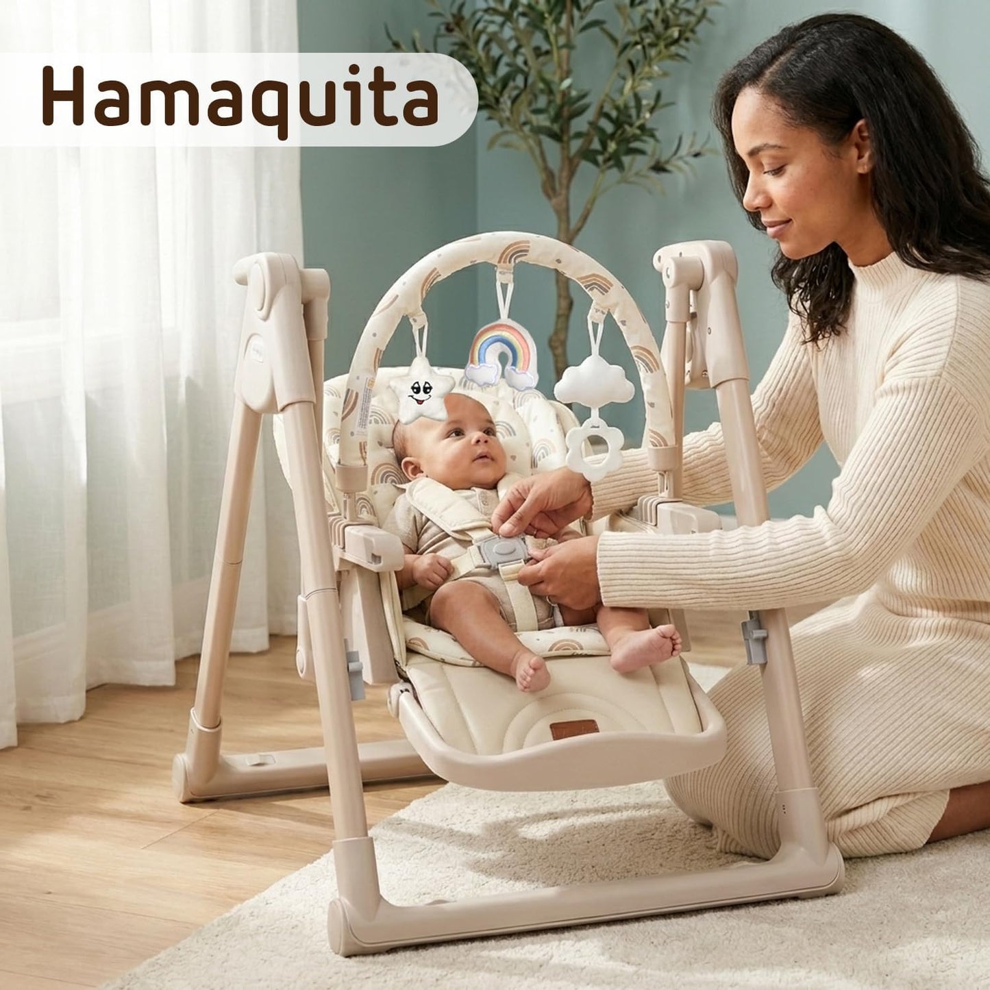 Trona Evolutiva Bebé 2 en 1 Movity Plus con Hamaca Balancín, Beige