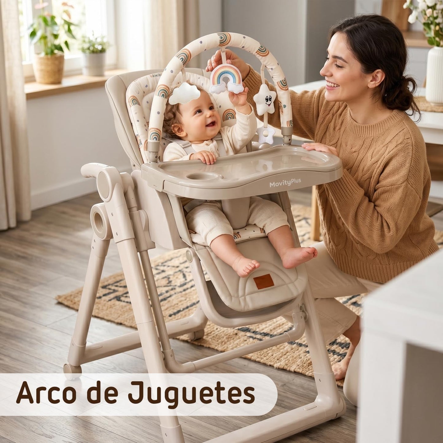 Trona Evolutiva Bebé 2 en 1 Movity Plus con Hamaca Balancín, Beige