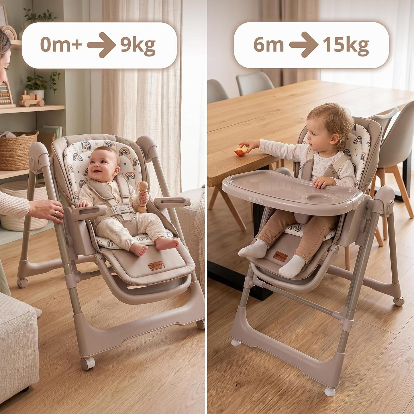 Trona Bebé Evolutiva New Movity 2 en 1, Hamaca y Columpio, Beige