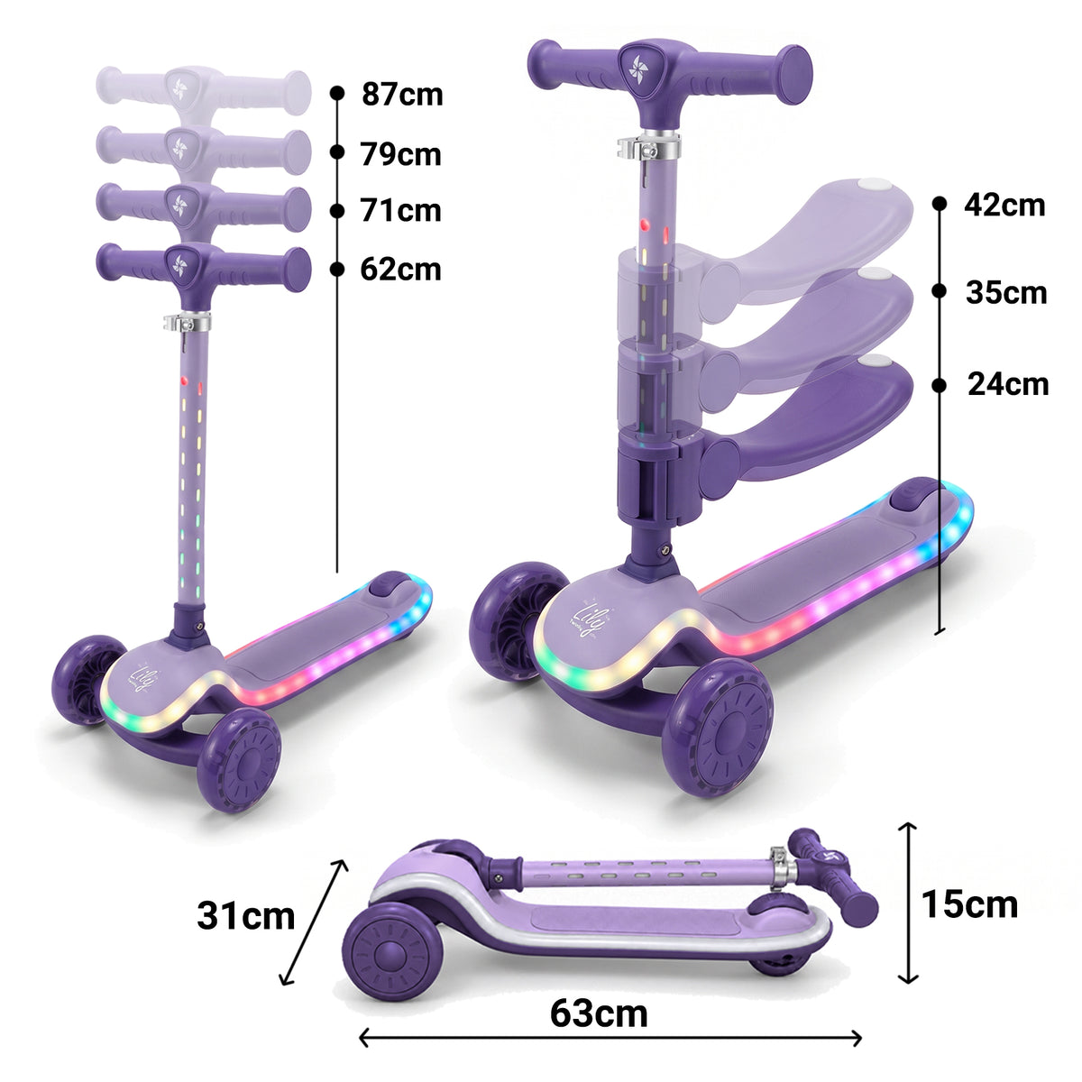 Patinete Infantil 2 en 1, con Asiento Abatible y Luces, LILY